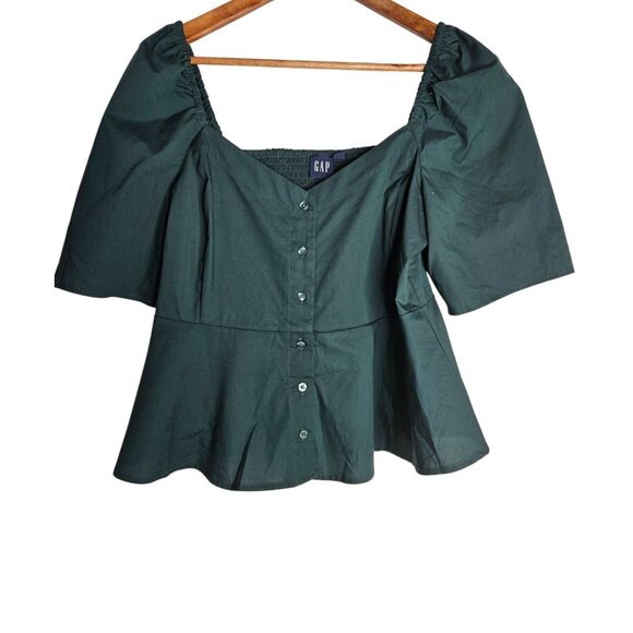 2/$35-Gap Sweetheart Button Front Peplum Blouse Puff Sleeves Womens M Petite - Picture 4 of 8